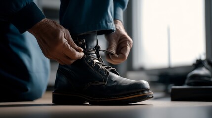  Worker tying shoelaces on worn boots before starting work