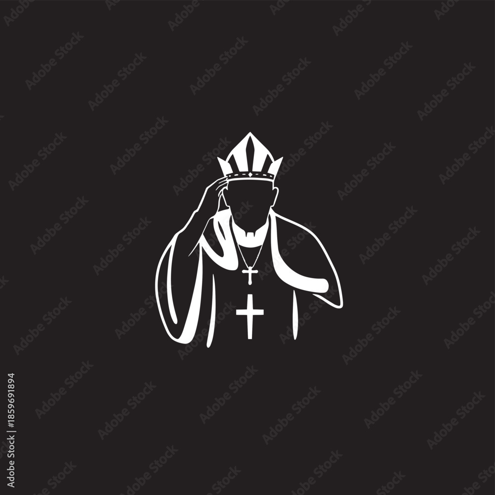 A minimalist white silhouette illustration of a pope in religious attire on a black background.