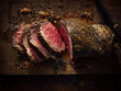 © mikhailberkut - Top view of sliced roast beef on a rustic wooden cutting board. Juicy medium rare meat with peppercorn crust and knife. Holiday dinner concept