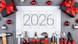 © Arnab Dey - 2026 New Year design template with construcrion tools set. 3d render illustration on engineering, construction, interior finishing, repair and maintenance theme.