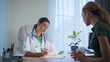 © stockbusters - Woman patient talking doctor in clinic. Therapist consulting polyclinic visitor