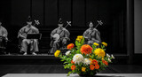 Traditional Japanese Chrysanthemum Flower Arrangement with Classical Court Musicians