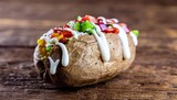 Deliciously Topped Baked Potato with Creamy Dressing and Fresh Toppings on a Wooden Surface