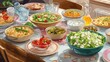 © mila103 - A dining table is filled with bowls of salad pasta olives and sauces. Glasses of water are scattered around. The setting shows a casual meal with friends or family.