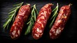 Three pieces of cured meat are sliced and placed on a dark stone background. Fresh rosemary sprigs are arranged beside the meat. The scene captures food preparation with hints of flavor.