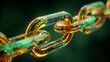 © abdul - A digital blockchain concept with glowing golden chain links and embedded binary code, symbolizing secure data blocks in a decentralized ledger system.