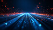 © jianjian - Abstract blue optical fibers background with glowing light data flow and golden particles