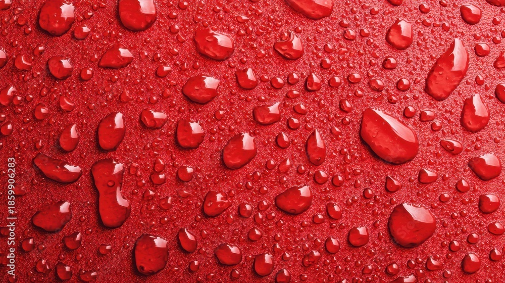 Red Dropplets Water droplets collect on a red surface forming various shapes and ...