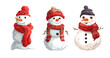 © Dizzi - Conjunto de tres alegres muñecos de nieve con bufandas y gorros rojos sobre fondo blanco.