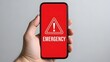 © AR Creations - A hand holds a smartphone displaying a red emergency warning screen with an exclamation mark.