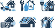 © Sriyani - Home maintenance and utility services icons with repair tools wrench house solar panels energy efficiency in blue and navy for residential property management renewable energy & sustainable building