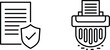 © MstBabli - Professional document security and information disposal line icon set featuring a verified secure file shield and a paper shredder for sensitive data destruction.