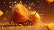 © KPMusa - A golden-fried dough ball collides with a bright orange tangerine sphere, crumbs and juice frozen in intricate detail, illuminated