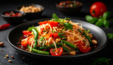 Som Tum (Thai papaya salad) served on a white ceramic plate on dark background