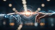 © Sahnaj - Artificial intelligence concept, robot hand and human hand touching with glowing ai network connection