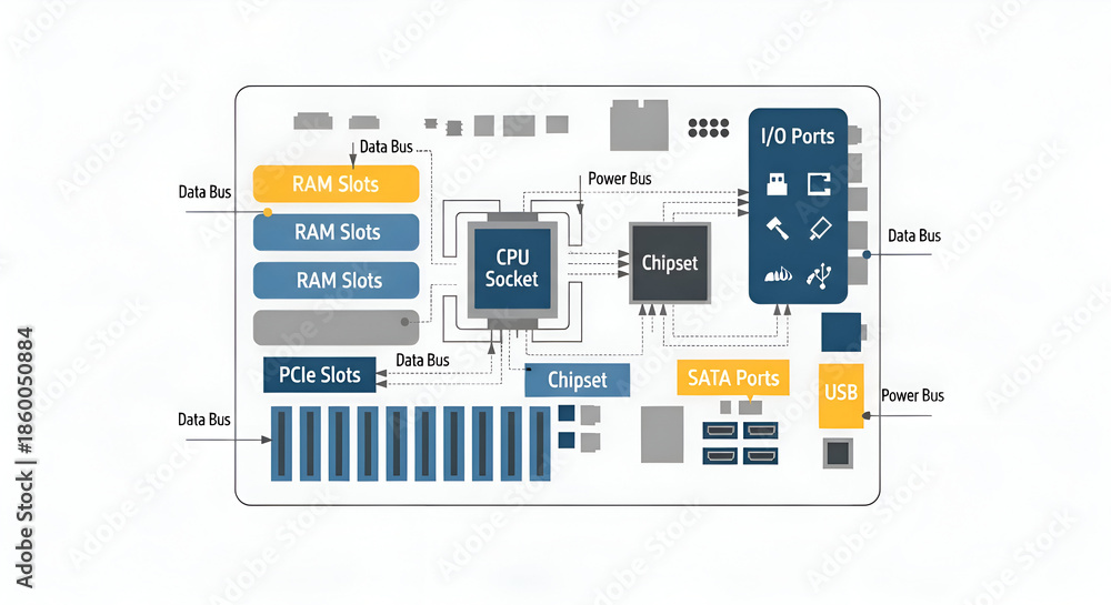Detailed computer motherboard diagram with clearly labeled components ...