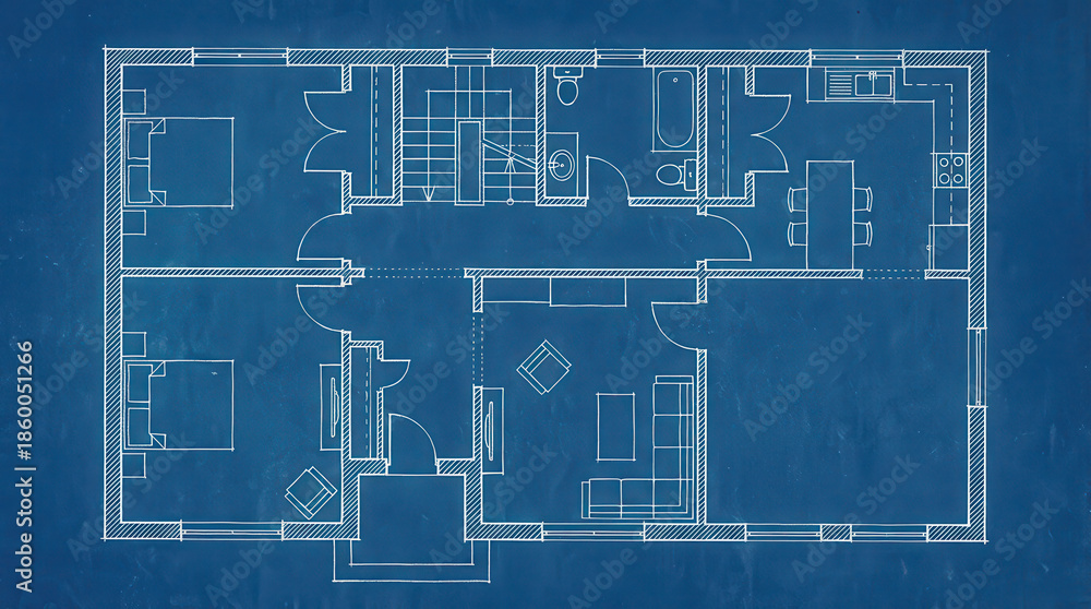 Detailed blueprint of a residential house floor plan showing multiple ...