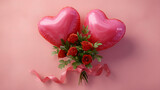 Romantic celebration with heart balloons and roses studio setting floral arrangement close-up