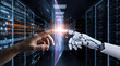 © Aurora Aesthetics - Artificial intelligence cooperation concept with human hand and robot hand touching digital screen future technology partnership innovation business background copy space cyber