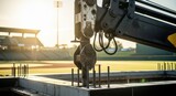 Detail focus on the boom cranes hydraulic arm as it carefully aligns the foul poles foundation bolts on the edge of a baseball outfield.