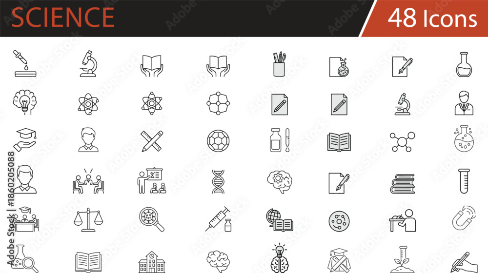 Education, science, and research icons set featuring learning ...