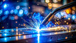 © Athiphat - Ultra detailed macro photo of welding torch creating bright blue white arc on metal, with sparks and bokeh background, industrial atmosphere, energetic and dynamic scene