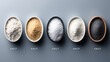 © Irina B - Artistic flat lay display of five distinct salt varieties with clear labels on gray background