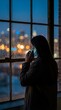 © Yauhen - Woman talks on smartphone by rainy window at night with blurred city lights. Scene evokes urban solitude and connection. Ideal for technology and lifestyle concepts.