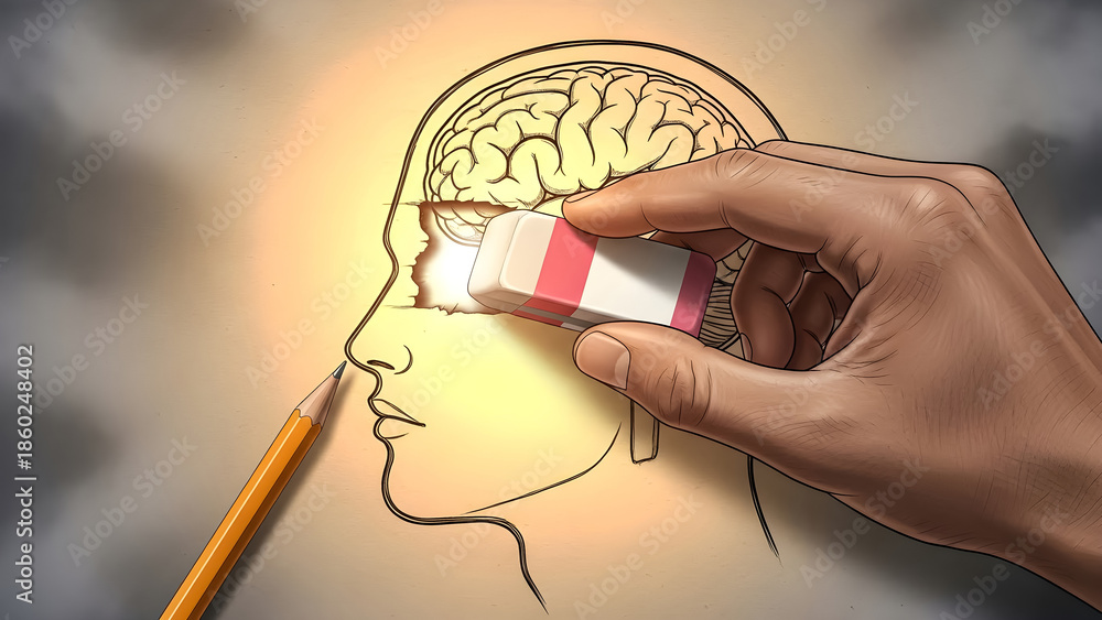 Conceptual illustration depicting a human hand using an eraser to ...