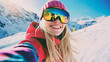 © Ruslan - A woman in a winter jacket and ski goggles smiles while standing on a snowy ski slope on a clear day, conveying the spirit of active recreation and winter sports
