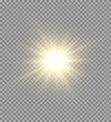 © Extrastock - Golden starburst shines with sparkling rays on transparent background. Soft lens flare enhances magical effect. Perfect for holiday banners, cards, or posters.