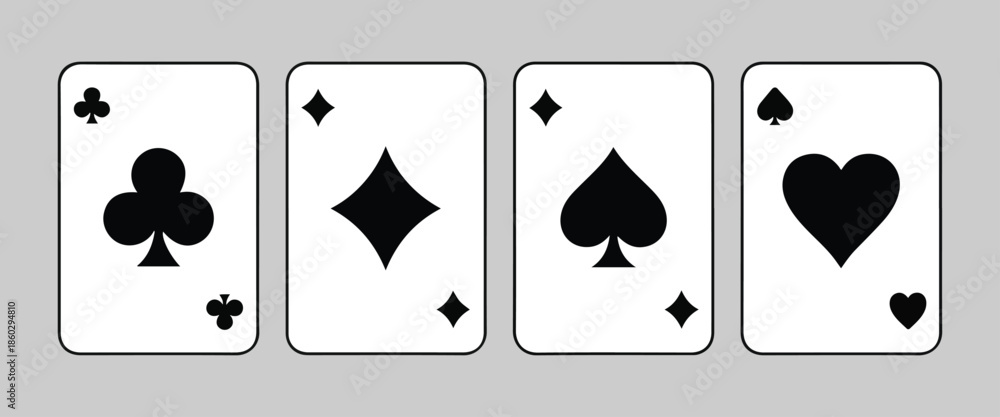Playing card suits set with spades diamonds clubs hearts, traditional deck of poker cards isolated on gray