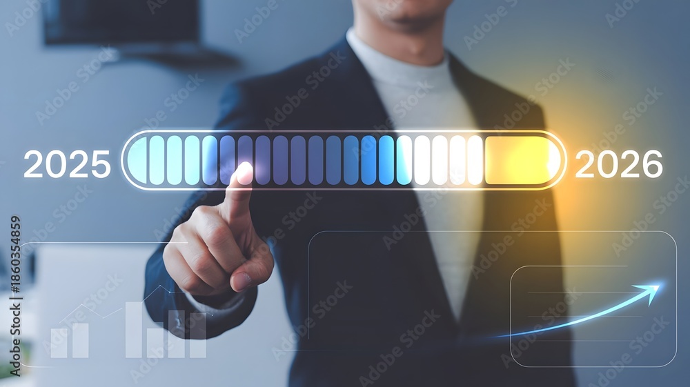 Progress and transition from 2025 to 2026 concept. A person pointing to ...