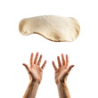 © kilimni - Chef pizza maker's hands in flour throwing and tossing dough in air, isolated on transparent background. Pizza acrobatics and freestyle, entertainment for customers. Pizzaiolo skilled profession