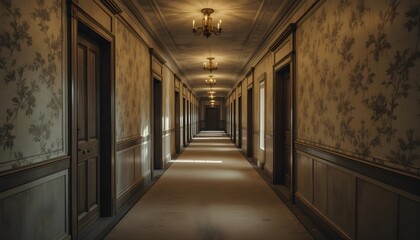  Classic Luxury Hotel Corridor with Symmetry and Warm Light