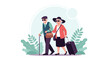 © The - Senior man and woman are walking together with their luggage and a cane against a clean circular background for travel.
