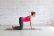 © junky_jess - Cow pose. Slim Caucasian woman practice warm-up stretching exercise standing on all fours in loft fitness studio indoor.