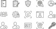 © Bahadur - Professional user security and identity verification line icon set featuring biometrics, facial recognition, fingerprint scan, and secure data protection symbols.