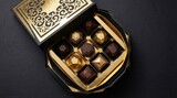 Elegant box of geometric-shaped chocolates with gold interior and intricate lid design