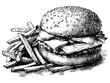 © Sajib - A black and white drawing of a sandwich and fries on a white background, depicting a classic comfort food combination