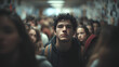 © Daniel - Male high school student standing alone among a crowd of other students, concept of the feeling of isolation and loneliness due to mental illness