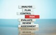 © MHA Creation - A stack of wooden blocks presenting a business process with words like analysis plan control risk evaluate review and assessment on a reflective surface with a light blue background in soft lighting r