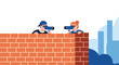 © Mostofa - Two people peeking over a brick wall with binoculars, symbolizing observation, spying, and privacy concerns.