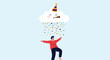 © Mostofa - Joyful man stands with arms outstretched, celebrating under a cheerful cloud wearing a party hat raining colorful confetti, symbolizing happiness.