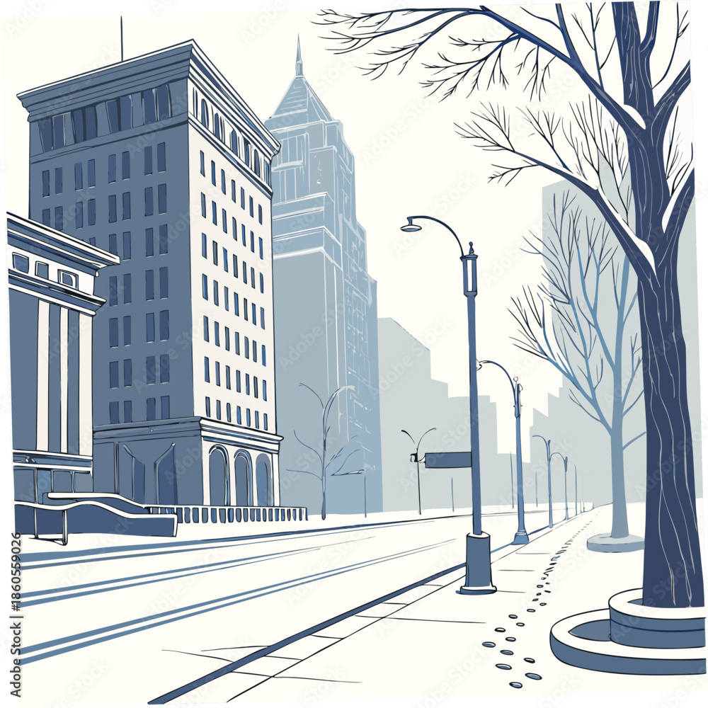 An illustrative depiction of a city street with tall buildings snowy sidewalks and bare trees in a cool color palette