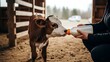 © Sri - Farmer feeding a young calf milk from a bottle on a farm.