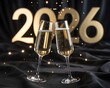 © Ultraaora - Two champagne flutes filled with sparkling wine in front of large golden 2026 numbers on a dark background with twinkling lights