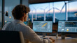 © Tania - A control room operator monitoring multiple wind farms on a wall of live data dashboards, wind speed graphs animating as turbines respond — grid integration, energy forecasting, and real-time clean