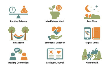  Conceptual icons illustrating various aspects of life and well being