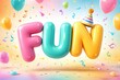 © Leo Rohmann - Colorful celebration theme with the word fun depicted with glossy 3D letters surrounded by balloons and confetti creating an atmosphere of joy and excitement